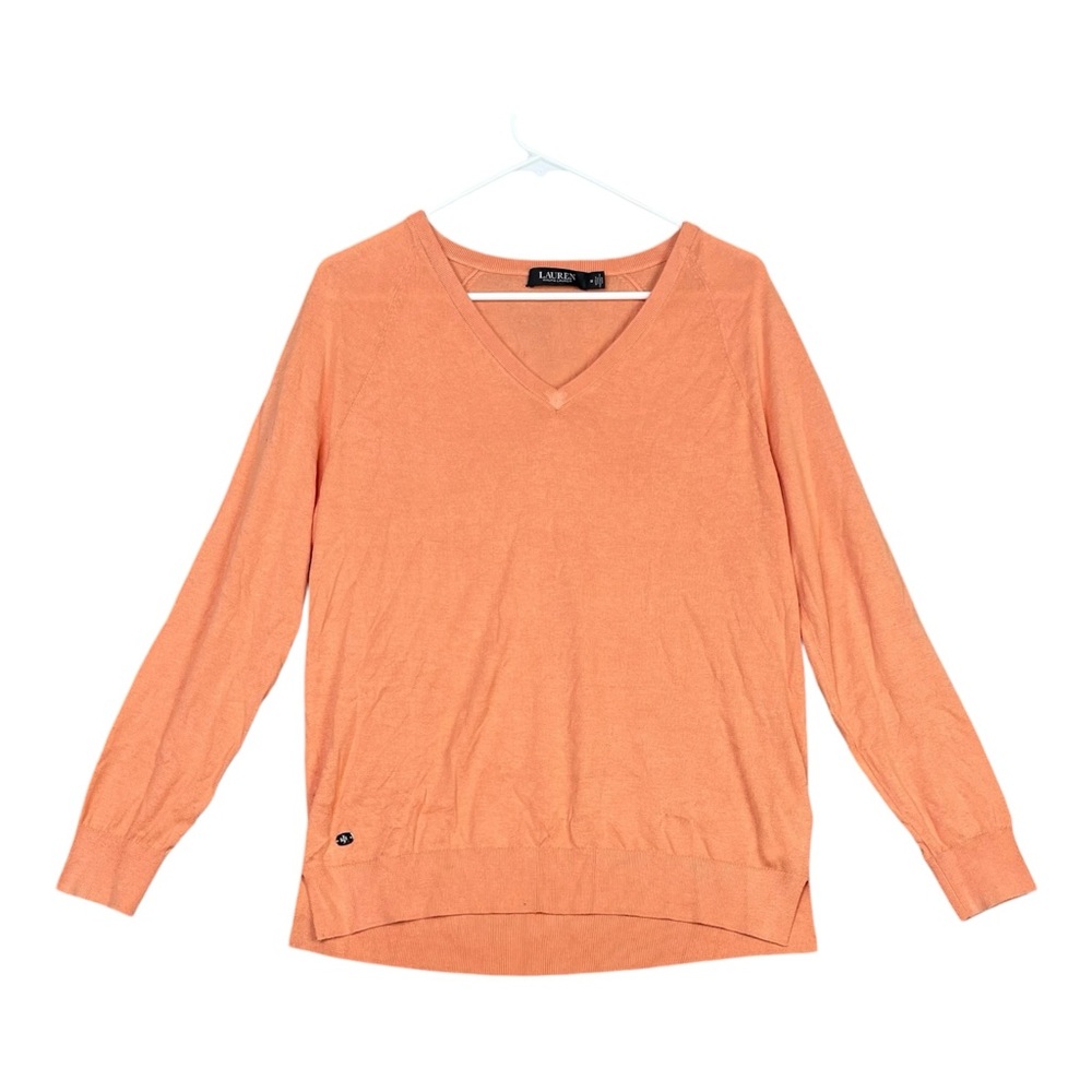 Lauren Ralph Lauren Women Black Label Sweater V-Neck Knit Cotton M Orange Silk